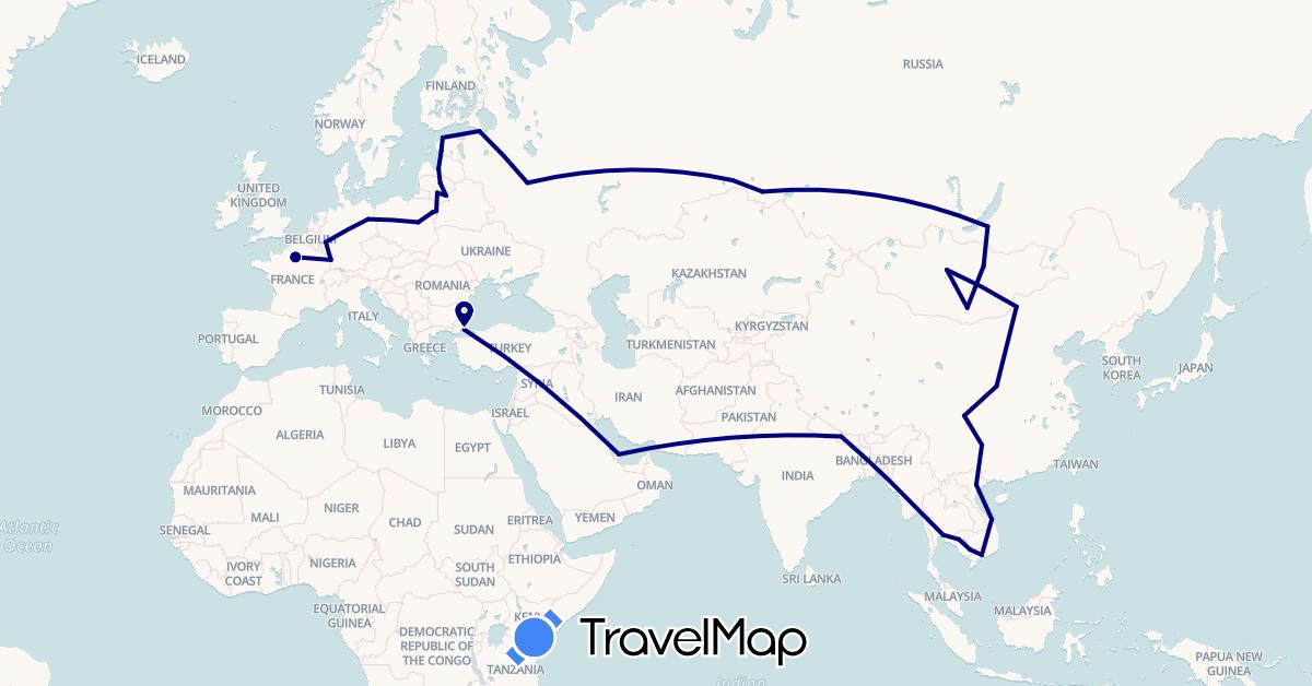 TravelMap itinerary: driving in China, Germany, Estonia, France, Cambodia, Lithuania, Latvia, Mongolia, Nepal, Poland, Qatar, Russia, Thailand, Turkey, Vietnam (Asia, Europe)